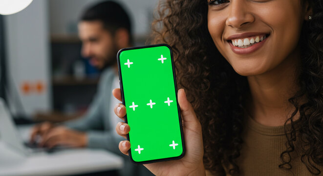 Confident woman holding smartphone with green screen in modern office, colleague working behind