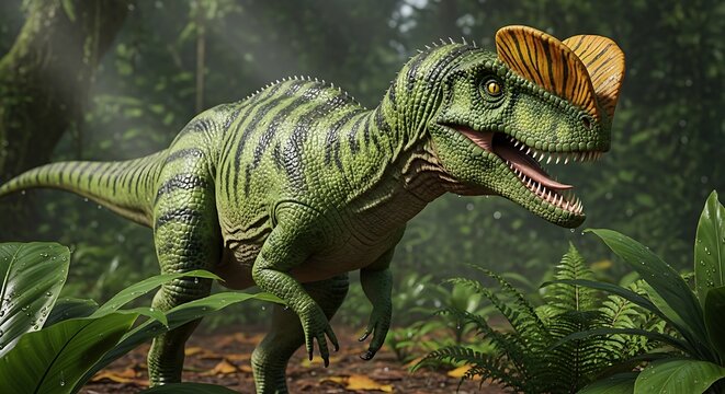 Dilophosaurus in a Lush Prehistoric Jungle Environment.