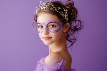 Young girl playing make believe, wearing a glittery purple mask and a princess crown, looking at camera