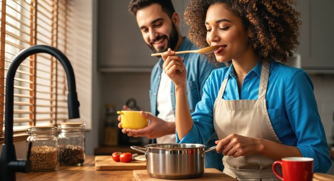 Happy multi-ethnic couple cooking and tasting food together in a modern kitchen at home