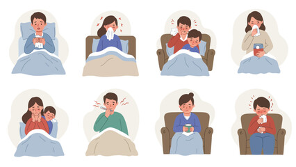 Common Cold And Flu Symptoms Illustrated: People Suffering From Sickness
