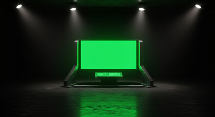 Futuristic green screen display with interactive console and dramatic spotlighting in dark modern studio