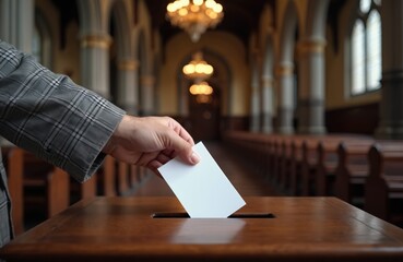 Man casts vote in wooden ballot box within church interior with pews and chandeliers. Citizen participates in democratic process and makes choice. Formal civic duty shown.