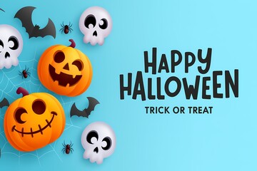 Fototapeta premium Halloween cartoon pumpkins and skulls on blue background, digital illustration