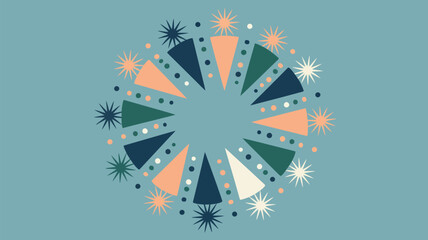 Abstract circle design with triangles stars and dots on a blue background in a retro style