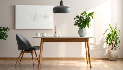 A modern dining space features a long wooden table, stylish chairs, and decorative items. Sunlight streams across the room