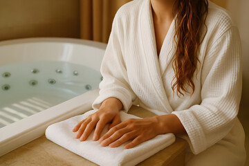 Relaxing spa day with a luxurious hot tub and plush white robe, perfect for wellness retreats and serene lifestyle advertising campaigns