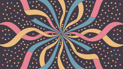 Abstract background with radiating ribbons and confetti in pastel colors on a dark backdrop