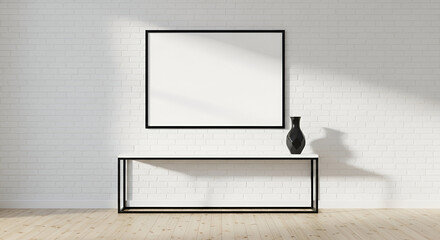 (For the eighth image: A blank framed picture above a sleek table with a single vase, embodying modern simplicity.)