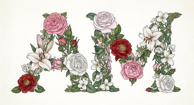 Floral Alphabet Letters A M Vintage Botanical Illustration.