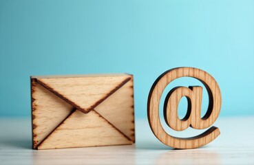 Wooden envelope and at sign symbols represent email communication. Natural craft objects on light surface. Blue background suggests digital space. Simple design emphasizes connection.