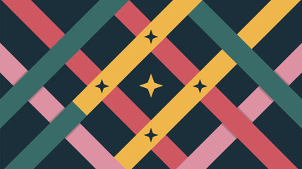 Abstract design featuring intersecting colorful stripes and stars on a dark background art piece
