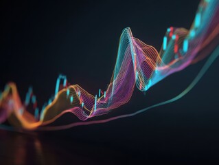 Colorful abstract financial data visualization with dynamic wave patterns representing market trends, showcasing vibrant lines and glowing elements in a dark background environment