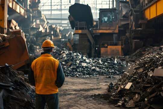Worker wearing safety hard hat and vest standing in an industrial facility, supervising metal scrap recovery processes