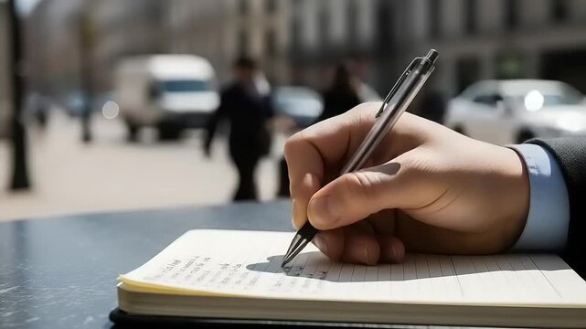 Ink on Paper: Close-up of a hand writing on a notepad capturing the moment of creation, illuminated by a natural, airy, and sunlit outdoor setting.
