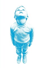 A halftone-style illustration shows a young child looking upward with curiosity. The image represents innocence, wonder, imagination, and childhood exploration.