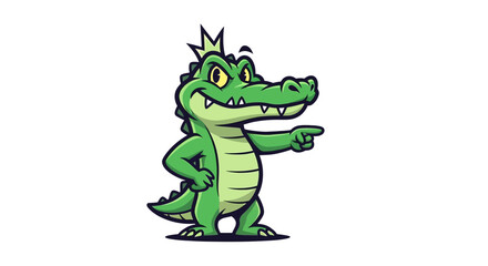 Fototapeta premium Cartoon Crocodile Character with a Crown Pointing to the Right Side Illustration