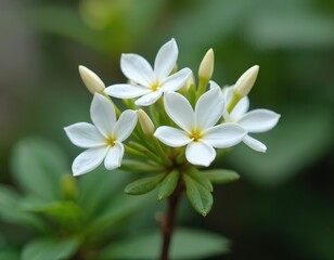 Obraz premium Close-up of fragrant white jasmine flowers blooming on green plant. Tiny white blossoms with yellow centers, delicate petals, buds. Soft focus background highlights delicate natural beauty of flora.