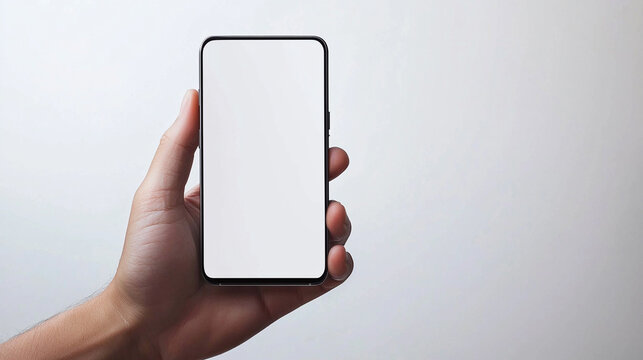 手にスマートフォンを持つ白背景モックアップ
