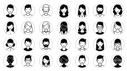 Diverse User Profile Avatar Icons Set - Minimalist Black and White Vector Collection