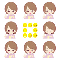 Illustration of a girl holding a notebook and raising her index finger to point out important information. Eight expressions available, shown in color. Useful for highlighting points in presentations,