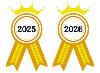 Black and white icon of a rosette with a crown, labeled "2025". Suitable for awards, certificates, and recognition for events or achievements in 2025 and 2026