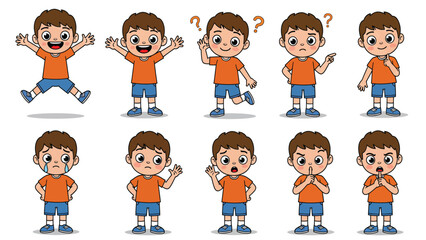 Cartoon Boy Character Expressing Diverse Emotions and Actions Set