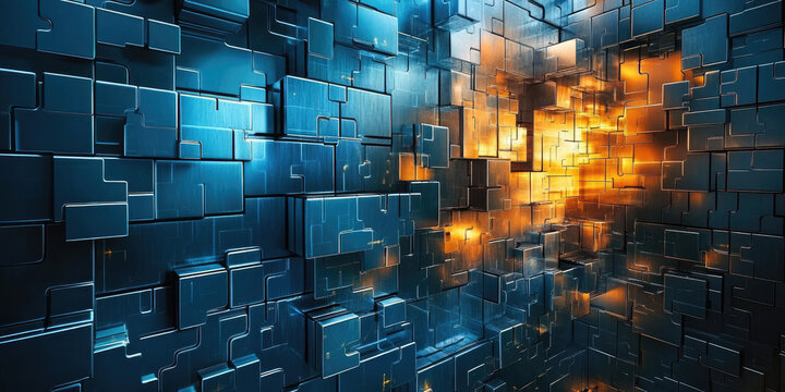 Puzzle pieces are transforming into digital data blocks, creating a complex network of interconnected information in a futuristic and technological concept