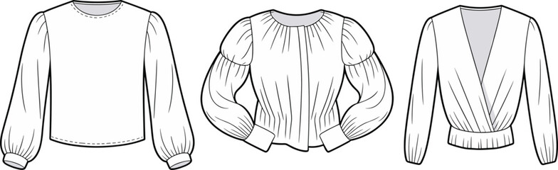 Women’s blouse flat sketch, CAD fashion vector template with puff sleeves, long sleeves, wrap design, stylish trendy top fashion illustration