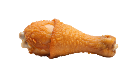 Perfectly cooked crispy golden brown fried chicken drumstick, delicious fast food meal or appetizer, isolated on a white background for menu design, advertisements, or unhealthy eating concepts.