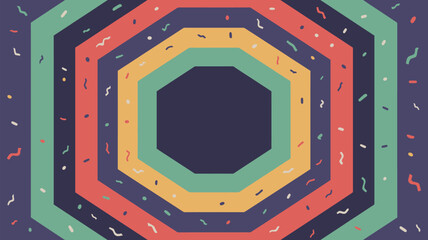 Colorful abstract octagonal tunnel with confetti and geometric shapes in a retro style design