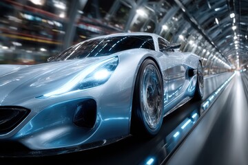 High-tech electric sports car racing in a futuristic tunnel during daytime