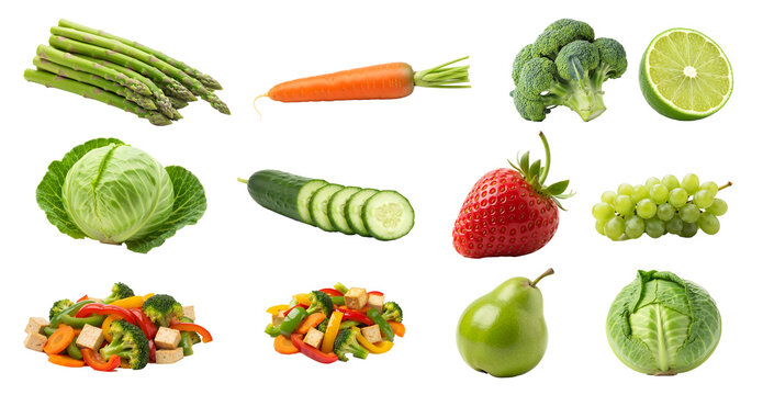 Large collection of fresh raw fruits, vegetables, and prepared tofu stir-fry, isolated on a transparent PNG background. Includes asparagus,  broccoli, and  for healthy eating