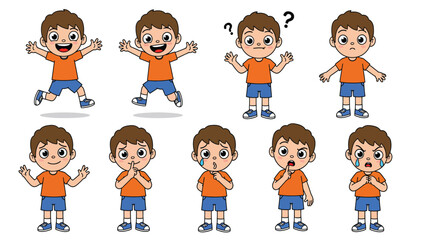 Cartoon Boy Character Expressing Diverse Emotions and Actions Set