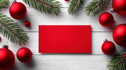 Red Christmas Card on White Wood with Ornaments and Pine