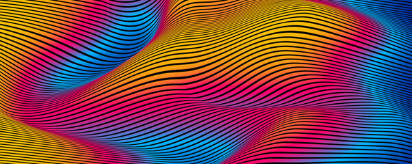 Abstract colorful wave line background with dynamic curved stripes in vibrant red, orange, blue, and yellow gradient tones, modern futuristic design suitable for banner, poster, and web decoration