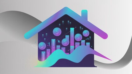 Abstract house graphic with financial symbols and data visualization elements.