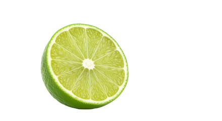 Bright green lime half, meticulously cut to display its juicy, segmented pulp and vibrant natural texture, fresh citrus fruit for healthy food, refreshing drink garnishes, and natural flavor, isolated