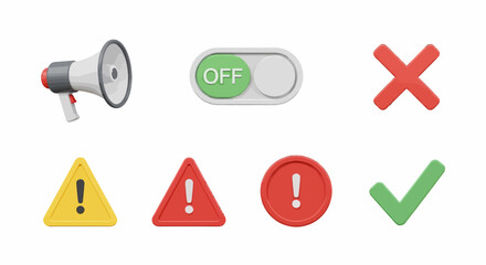 Collection of 3D Rendered Communication and Alert Icons on White Background.