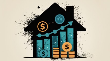 Abstract financial growth concept with house and currency symbols.