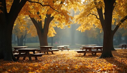 Empty wooden picnic tables in autumn park with yellow leaves on trees, ground. Peaceful serene landscape with nobody around. Fall season scenery with vibrant foliage, brown wooden benches. Outdoor
