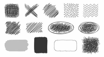 Handdrawn scribble shapes and textures set Collection of black and grey doodle elements hatching crosshatching and messy marker strokes.