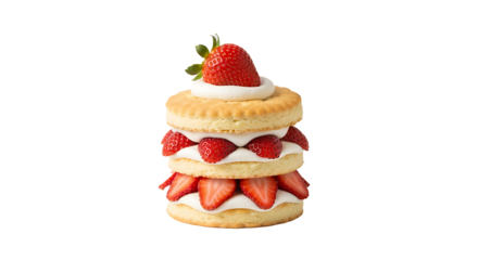 Delicious and fresh strawberry shortcake dessert with multiple layers of golden biscuit, sweet whipped cream, and vibrant red sliced strawberries, beautifully topped with a whole ripe berry and a gree