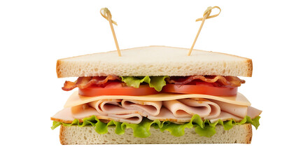 Delicious club sandwich, freshly made with toasted white bread, crisp green lettuce, ripe red tomato slices, savory deli meat (turkey/ham), melted cheddar cheese, and crispy bacon, held by wooden skew