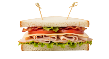 Delicious club sandwich, freshly made with toasted white bread, crisp green lettuce, ripe red tomato slices, savory deli meat (turkey/ham), melted cheddar cheese, and crispy bacon, held by wooden skew