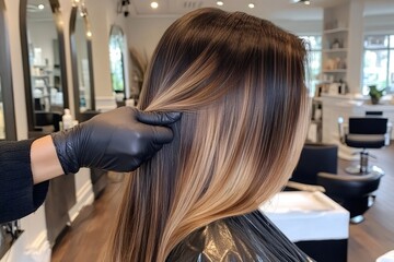 Fototapeta premium Stylist's gloved hand working on a treatment, creating balayage highlights on client's long brown hair in a salon