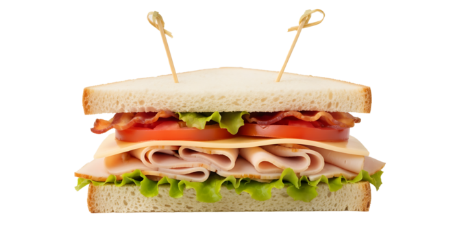 Delicious club sandwich, freshly made with toasted white bread, crisp green lettuce, ripe red tomato slices, savory deli meat (turkey/ham), melted cheddar cheese, and crispy bacon, held by wooden skew