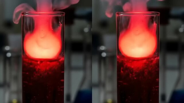 Fiery Chemical Reaction in Laboratory Glassware Emitting Bright Red Light.