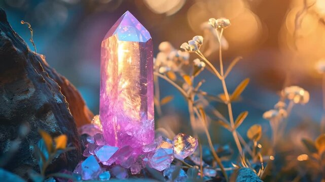 Magic still life with Gemstones fluorite crystal on nature background. Rocks for mystic ritual, witchcraft Wiccan or spiritual healing on stump in forest. Meditation reiki	