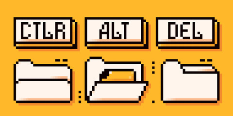 Three types of document folder icons drawn in simple Y2K bit style. Ctrl, Alt and Delete buttons.